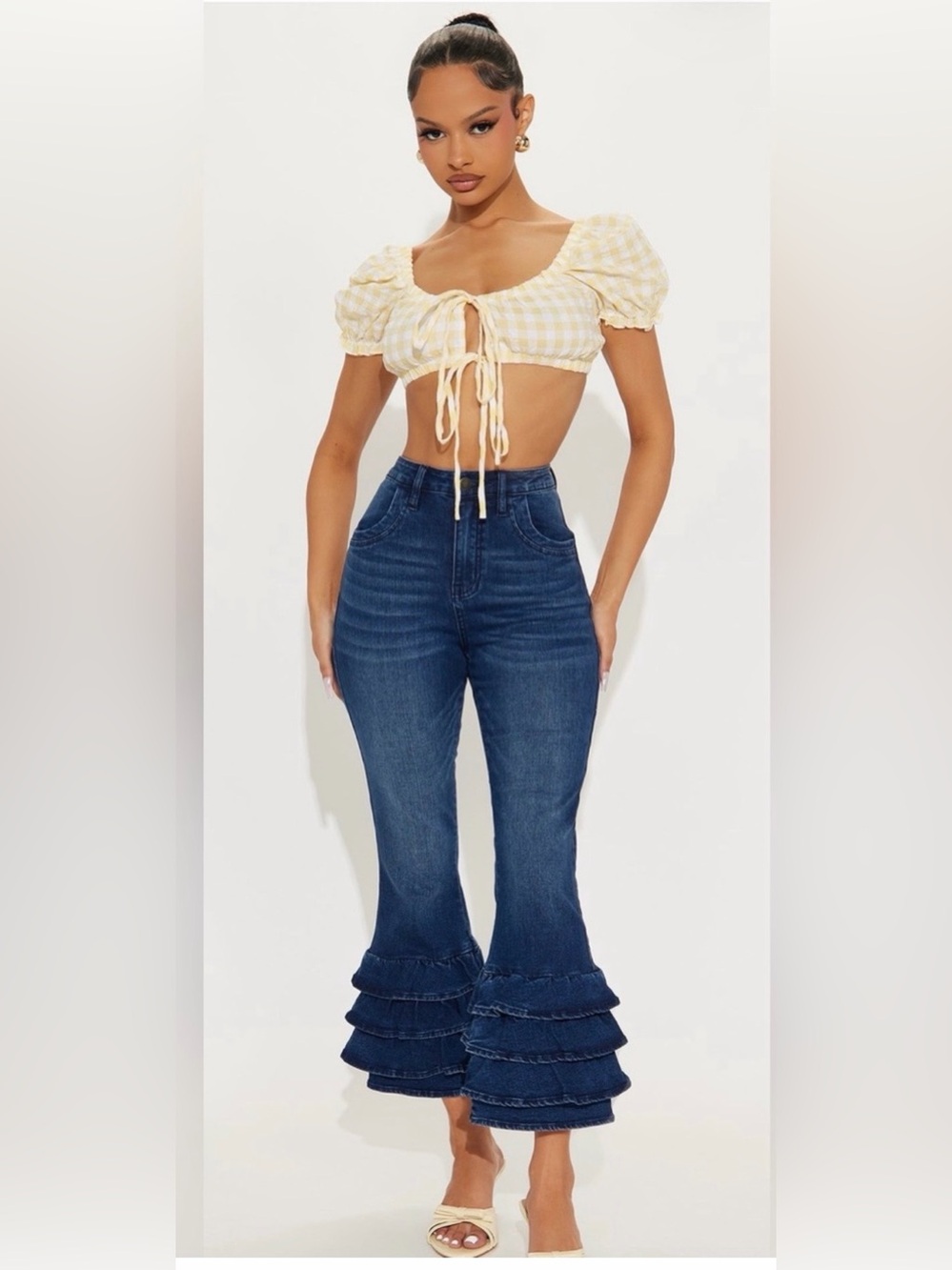 Fashion Nova Dark Blue High-Rise Ruffle Hem Flare Jeans